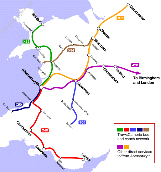 Primary coach and bus routes to Aberystwyth